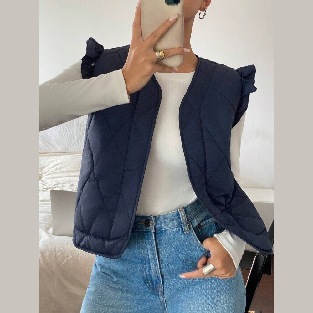Navy Quilted Puffer Vest with Ruffle Trim Shoulders